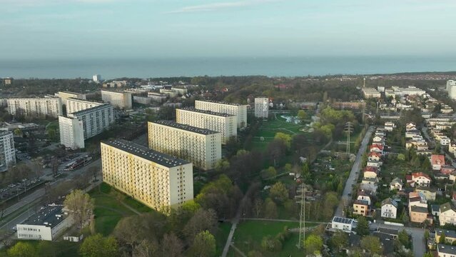 Drone view of modern apartments of Gdansk, Zabianka with cityscape at background.