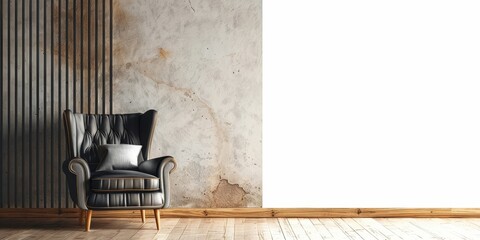 Casual gray armchair in front of an empty white wall, Generative AI