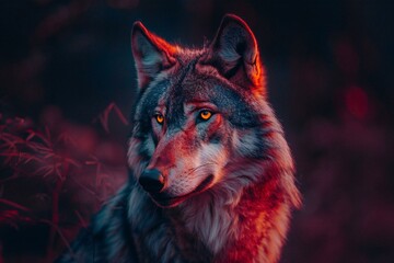 Portrait of a wolf in the forest at night,  Wolf portrait - obrazy, fototapety, plakaty