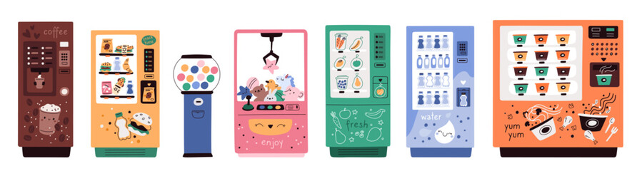 Vending machines. Electronic devices for sale of snacks and drinks. Automatic retail products. Gashapon toys. Fast food and beverages sell equipment. Coffee appliance. Garish vector set