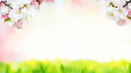 Abstract spring background template with blooming flowers and green grass