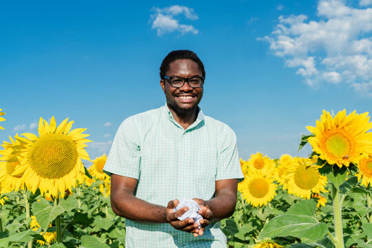 Smiling man holding crumpled paper amidst sunflowers in field