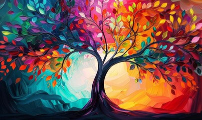 Elegant colorful tree with vibrant leaves hanging branches. Bright color 3d abstraction wallpaper for interior mural painting wall, Generative AI