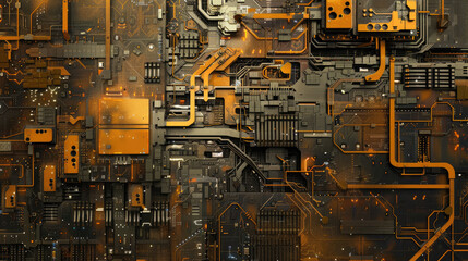 A complex circuit board with intricate patterns and tiny components