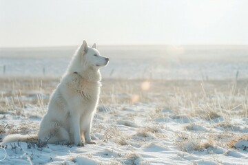 White swedish husky dog sitting in the snow in winter