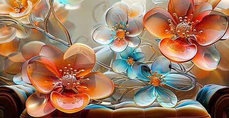 photo wallpaper for the interior with flowers made of glass. ai generated. 3d abstraction wallpaper for interior mural wall art decor, Generative AI