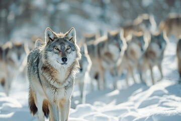 A pack of wolves in the snowy forest,  Lapland, Finland