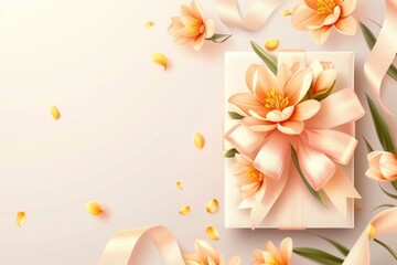 Elegant Gift Box Surrounded by Delicate Flowers and Petals on Pastel Background