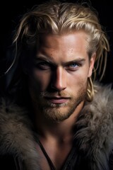 Majestic Blond Man with Intense Blue Eyes and Fur Collar
