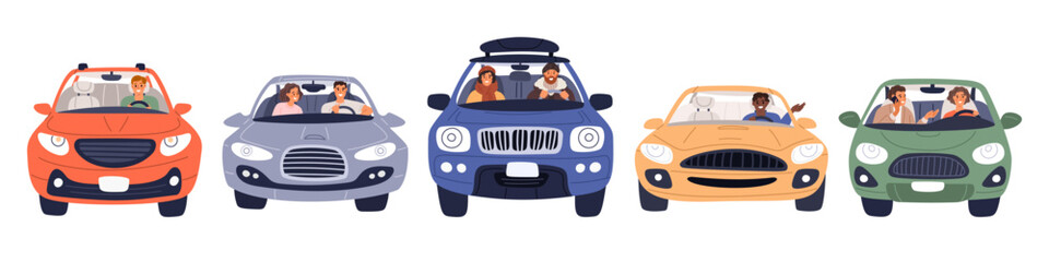 People driving cars. Men and women in automobiles. Drivers with passenger or traveling companion. Vehicle front view. Auto trip. City road traffic. Urban transport. Garish vector set