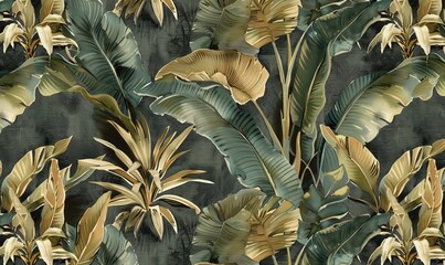 tropical background seamless border luxury wallpaper pattern texture vintage green and beige banana leaves palms jungle hand painted watercolor 3d illustration dark premium mural glam, Generative AI