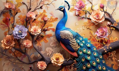 Peacock on branch wallpaper. colorful flowers trees 3d mural background. wall canvas poster art, Generative AI