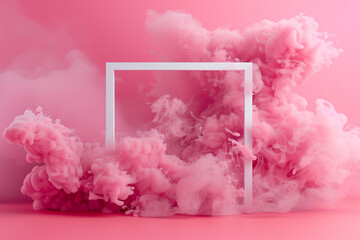 White square frame surrounded by explosion of pink smoke against a pink background. Banner for social media highlights or promotional materials
