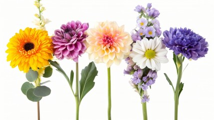 A vibrant and meticulously arranged selection of pressed flowers and greenery on a white background, showcasing natural beauty and botanical variety.