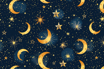 Obraz na płótnie Canvas Starry night-inspired fabric with golden celestial bodies on a dark backdrop