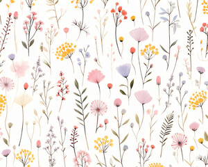 Elegant wallpaper pattern featuring minimalist floral designs in soft pastel tones, displayed on a pure white background, perfect for soothing room themes and fabric prints