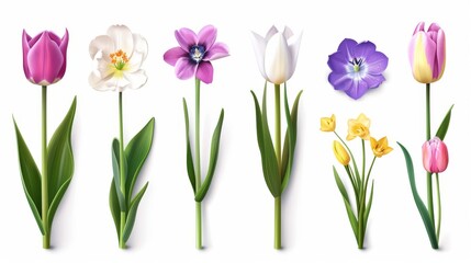A vibrant and meticulously arranged selection of pressed flowers and greenery on a white background, showcasing natural beauty and botanical variety.