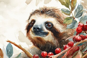 Fototapeta premium Cheerful Sloth Among Red Berries Watercolor Illustration