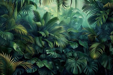 3d wallpapaper. Tropical forest, wild jungle. Closeup nature view of green leaf and palms background. Flat lay, dark nature concept, tropical leaf, Generative AI