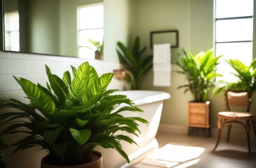 Tranquil bathroom ambiance with lush greenery basking in natural light