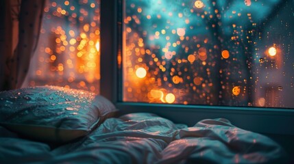 A dreamy experience with the rain lulling you into a state of deep relaxation while the cozy room coed in darkness creates the perfect sleep environment. 2d flat cartoon.