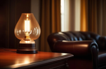 A cozy ambiance with a vintage-inspired lamp glowing warmly on a wooden table