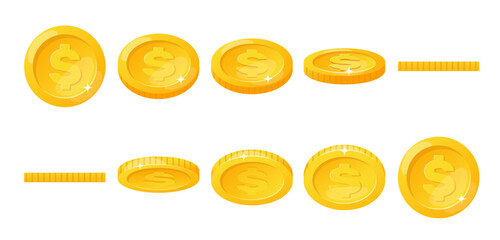 Gold coin animation. Money icon flip and rotate on horizontal axis. Golden cash. Round dollar. Mobile games and apps element. Currency token turn and fall process. Vector financial set