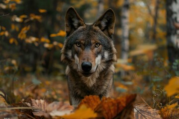 Wolf in the autumn forest,  Portrait of a wolf in the autumn forest