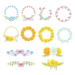Watercolor set springtime circle border buckets of primroses. Dandelion, Chamomile, tulips and daisy. Beautiful flowers for invitation, wedding, printing, textile, greeting card