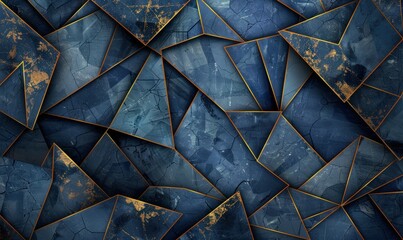 Blue polygonal textured background with golden lines. Geometric abstract background with 3d effect. - obrazy, fototapety, plakaty