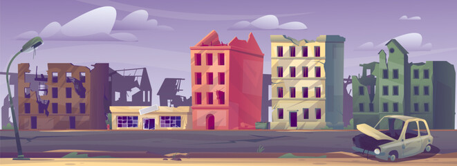 Damaged city landscape. Panorama of town ruin. Abandoned buildings with fissures. Post apocalyptic cityscape. Broken houses. Warzone architecture. Earthquake destruction. Vector concept