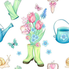 Seamless pattern watercolor romantic garden tools, with bucket flowers and butterfly. Mother's day. Inventory for gardener. Springtime sketch for design, printing, textile, greeting card