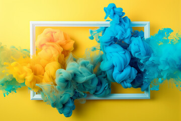 Yellow and blue smoke cloud in white photo frame on yellow background with color powder splash concept. Banner for social media highlights or promotional materials