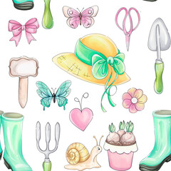 Seamless pattern watercolor romantic garden tools, garden pots with flowers and brunch. Hand drawn inventory for gardener. Springtime ornament for design, printing, textile, greeting card