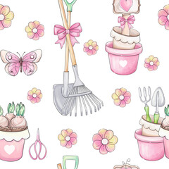 Seamless pattern watercolor romantic garden tools, garden pots with flowers and butterfly. Inventory for gardener. Springtime sketch for design, printing, textile, greeting card