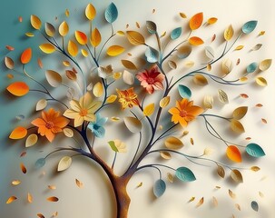 colorful 3d flowers with leaves on a tree illustration background. 3d abstraction wallpaper for Interior mural painting wall art decor. Tree branches leaves with flowers hanging on wall, Generative AI