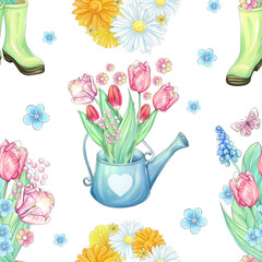 Seamless pattern watercolor romantic garden tools, with bucket flowers and butterfly. Mother's day tulips. Inventory for gardener. Springtime sketch for design, printing, textile, greeting card