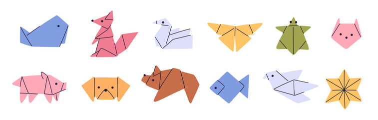 Color origami animals. Paper fauna creations. Dove birds. Folded fish and mammals. Decorative shapes. Japanese hobby. Asian art. Pinwheel star. Low polygonal figures. Garish vector set
