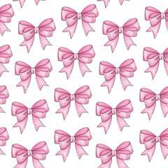 Seamless pattern watercolor pink bow. Vintage elegant clipart. Flying dream. Girl doll cartoon art. Hand drawn ornament. For design, printing, textile, greeting card