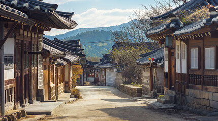 A asian architecture street with a mountain in the background