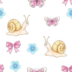 Seamless pattern watercolor romantic bow, butterfly, snail. Hand drawn ornament. Springtime sketch for design, printing, textile, greeting card