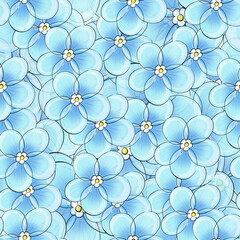 Seamless watercolor pattern blue flowers. Forget-me-not. Springtime Hand drawn artistic ornament in romantic, rustic syle. For design, printing, textile, greeting card