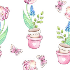 Seamless pattern watercolor romantic flowers, brunch and butterfly. Hand drawn primroses ornament with tulips. Springtime sketch for design, printing, textile, greeting card