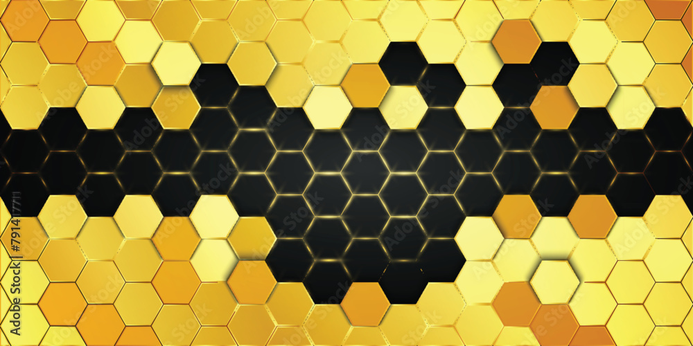 Wall mural Gold Hexagonal background with golden light