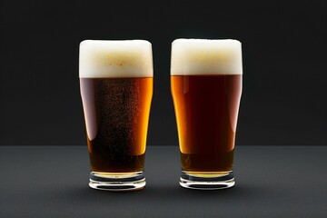 Two glasses of beer on a black background,  Close-up