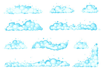 Cartoon soap foam. Blue bubbles in flat style. Bath shampoo balls. Different borders. Shower gel or antibacterial detergent suds. Soapy toiletry. Cosmetic mousse. Vector froth elements set