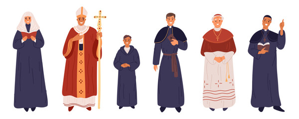 Cartoon catholic church characters. Religion clergy. Ecclesiastics in ceremonial clothes. Different religious ranks. Monks and priests. Christian worship. Clergymen garish vector set