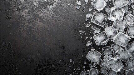 Monochromatic image of melting ice cubes on a dark background.