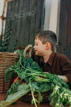 Boy with leaf vegetables in vintage wicker basket at table in backyard