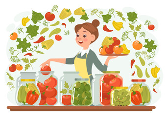 Canning vegetables. Preserved food. Woman conserving natural products. Cook in apron rolls tomatoes, cucumbers or peppers into jars. Conservation for storage. Splendid vector concept